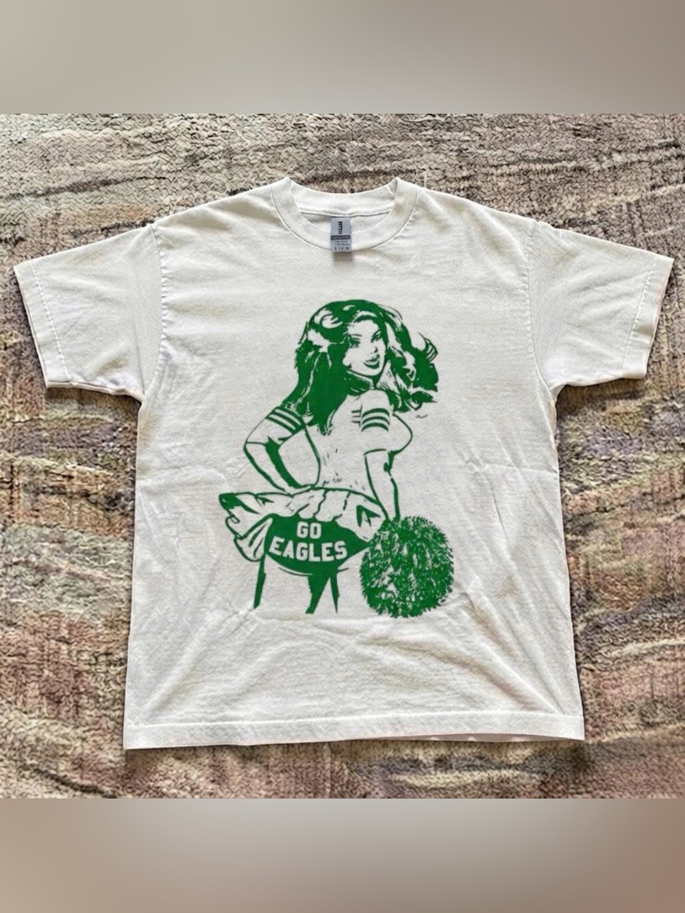 Vintage White Tee with Green Cheerleader Go Eagles Graphic